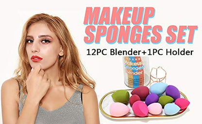 Makeup Sponge Blender Beauty Sponge Set 12Pcs and Beauty Foundation Sponge Blender Holder 1Pcs,Blending Sponges Cosmetic Puff Flawless for Cream, Liquid Foundation & Powder,Gift for Women